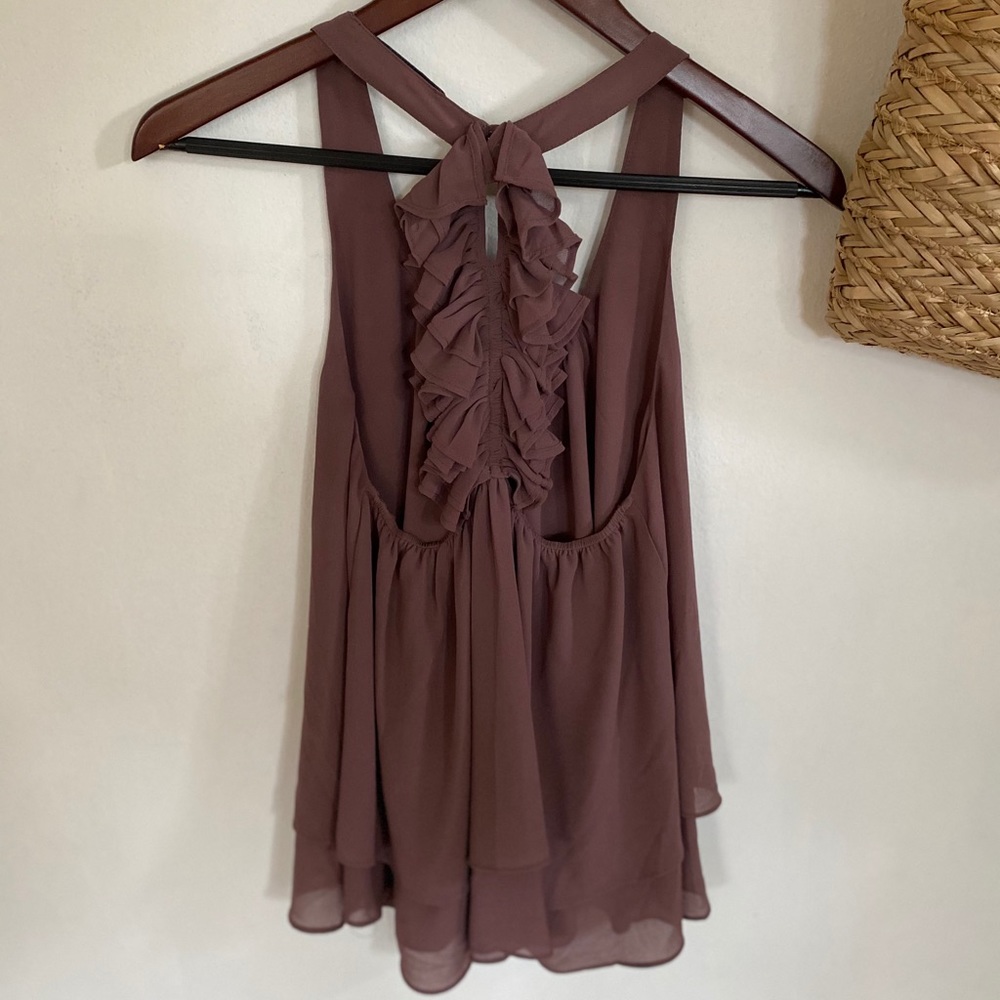 dusty purple tank with ruffle back
